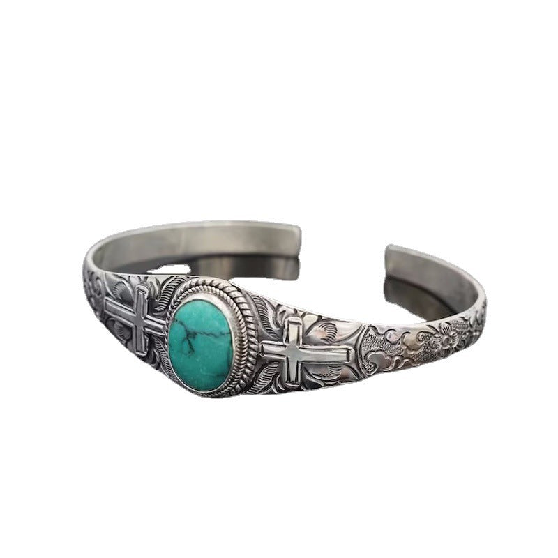 Vintage Carved Cross | Turquoise Cuff Bracelet