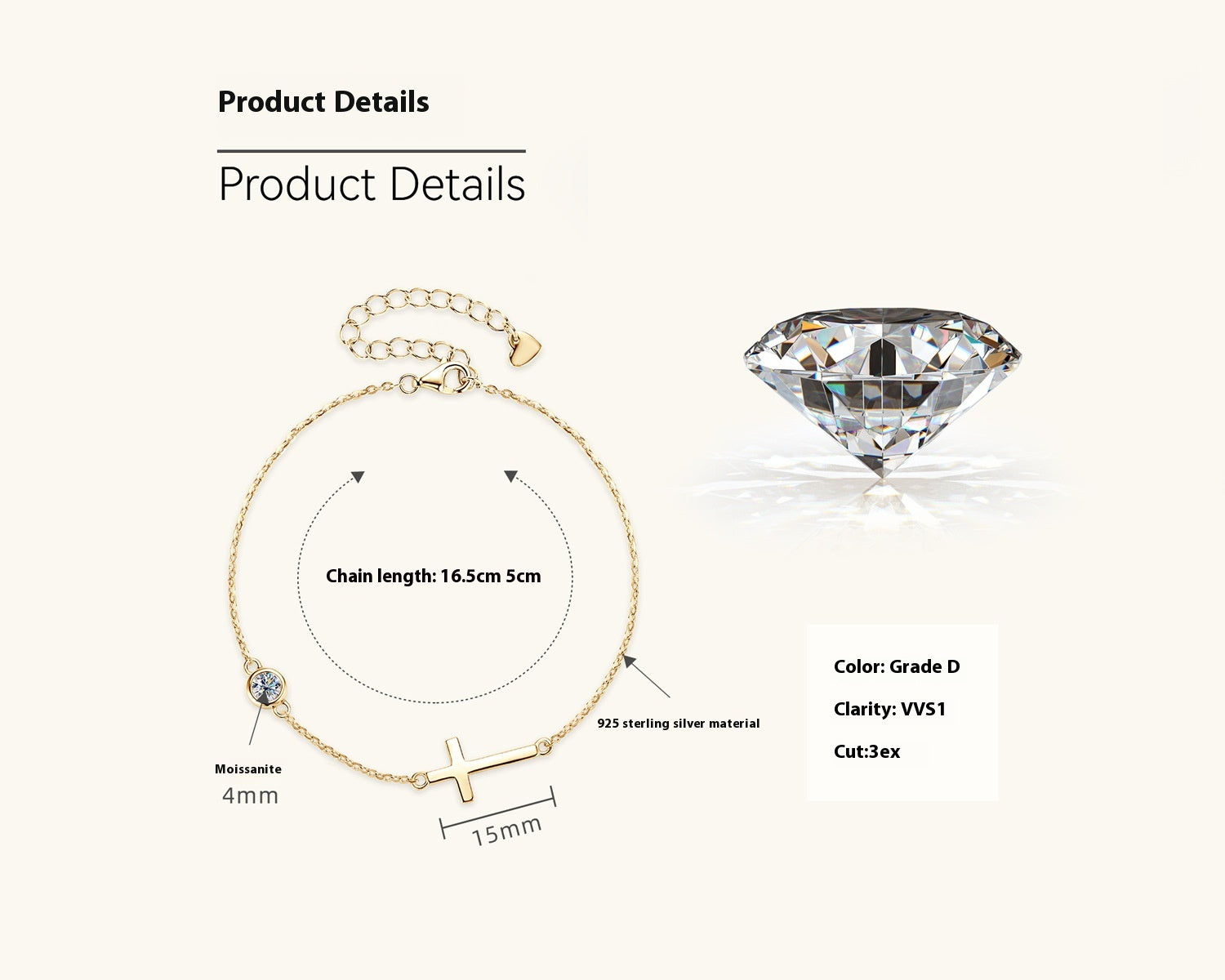 Radiant Cross | 925 Silver & Moissanite Bracelet