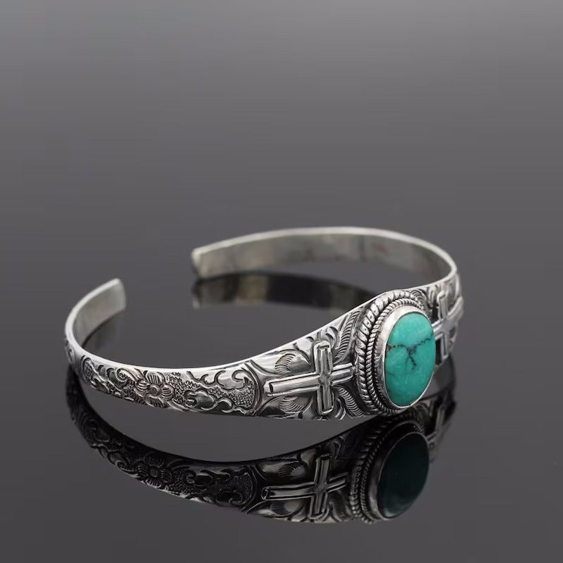 Vintage Carved Cross | Turquoise Cuff Bracelet